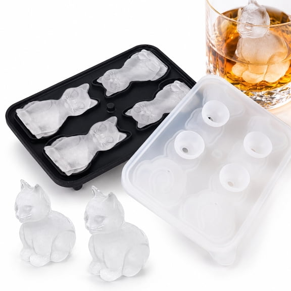 moopom Cat Ice Cube Tray Mold - 3D Cat Shape Ice Cube Trays, Cute Ice Cube Molds for Whiskey Bourbon, 4-Hole Large Fun Shapes Ice Cube Trays, Funny Cat Gifts for Cat Lovers Women Men