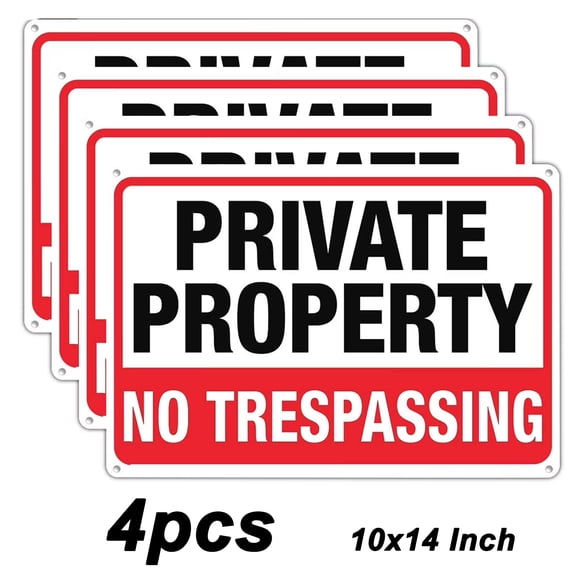 moopom Large No Trespassing Signs Private Property Metal 10x14 Inch Rust Free Aluminum,UV Ink Printing,Durable/Weatherproof Up to 7 Years Outdoor for Home (4-Pack)