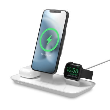 mophie 3-in-1 Magsafe Wireless Charging Stand for Apple iPhone AirPods/AirPods Pro & Watch 15W Super-Fast Charging Stylish Gloss Finish - White (MagSafe charger not included)
