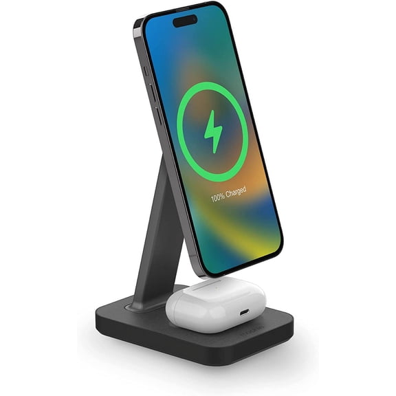 mophie Snap+ 2-in-1Charge Stand & Pad - 15w Wireless Charger Compatible with iPhones & AirPods Includes Snap+ Adapter for other Qi Enabled Phones Steel Base Adjustable Angles