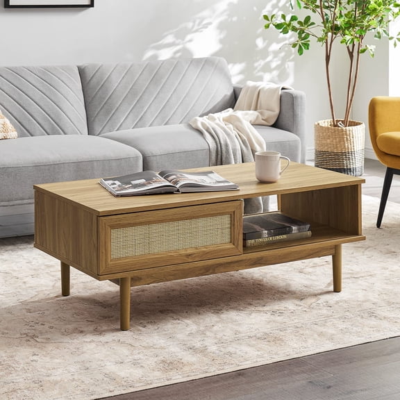 mopio Haylee Coffee Table, Modern Boho Farmhouse Natural Rattan Living Room Small Center Coffee Table with Storage (Oak)