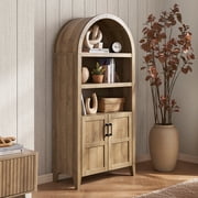 mopio Lauren 77.4 Tall Arched Cabinet, 5-Tier Arched Bookcase with Doors and Adjustable Shelves, Arched Bookshelf with Storage, Kitchen Pantry Cabinet, Wooden Storage Cabinet for Living Room Oak