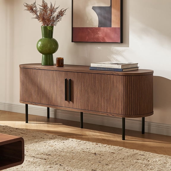 mopio Quin 59" Tambour TV Stand, Mid Century Modern for 55/60/65 inch TV, Wood Farmhouse TV Stand, Fluted Entertainment Center with Storage, TV and Media Console for Living Room, Walnut