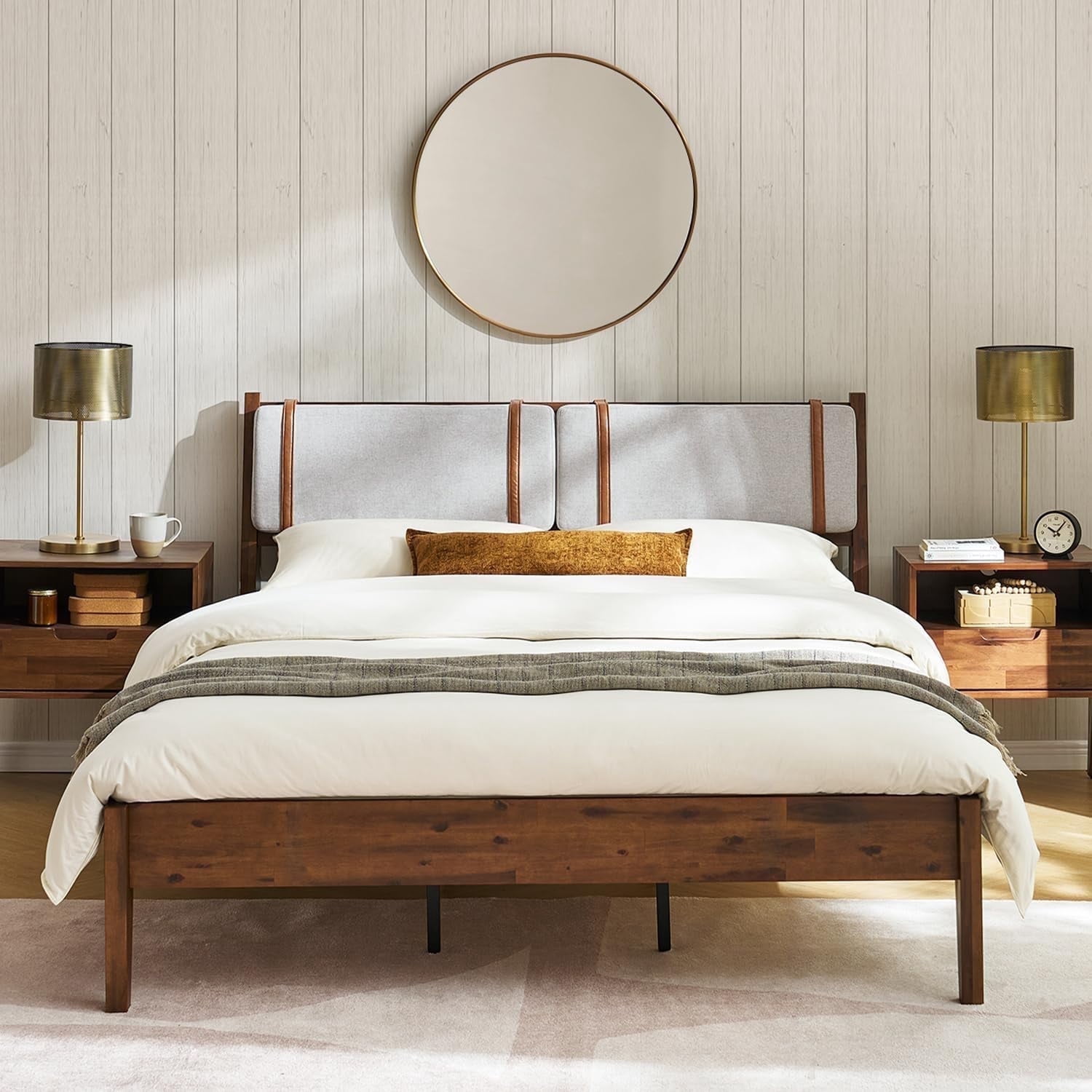 mopio Ted Bed Frame with Removable Upholstered Headboard, Mid Century Modern Acacia Solid Wood Platform Bed Frame, Walnut (Queen Upholstered Bed)