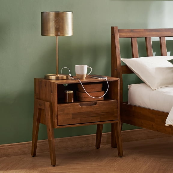 mopio Ted Solid Wood Nightstand with Charging Station, Mid Century Modern Storage Night Stand, Small Side Table Drawer, Bedside, End Table USB C & USB A Ports (Single)