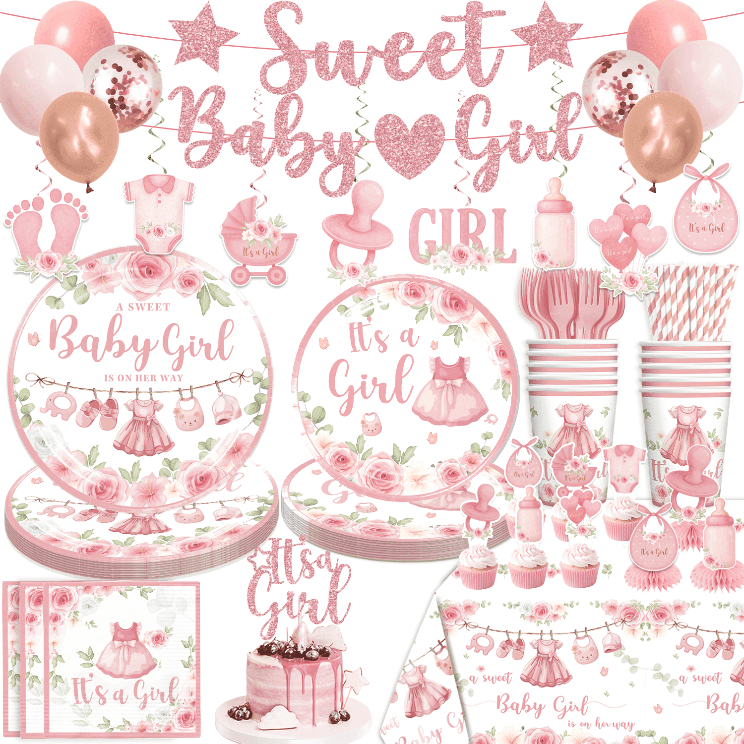 morabloomy Its a girl Baby Shower Decorations Tableware Set Severs 25 Guests, Pink Floral Girl Baby Shower Decorations 213Pcs