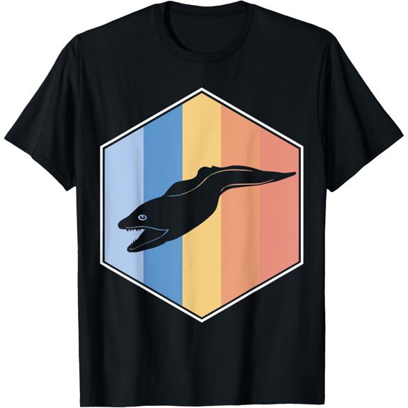 moray eel with Retro Colors in a Hexagon T-Shirt men and women can wear, black, white, gifts