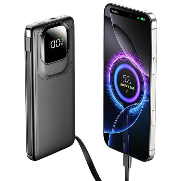 10000mAh Power Bank with Cables, 22.5W Fast Charging Portable Charger Compatible for iPhone, Android