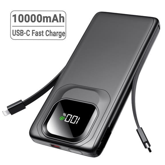 morfec 10000mAh Portable Charger with Built-in Cables, 22.5W Power Bank Fast Charging, External Battery Pack with LED Display for iPhone