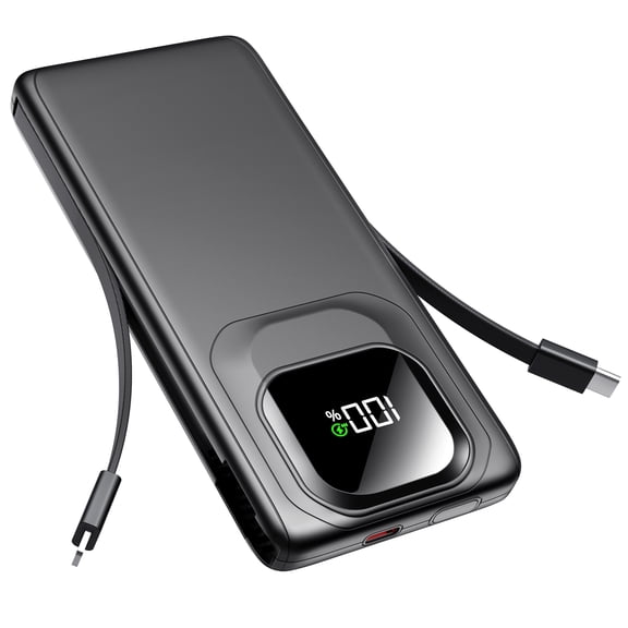 morfec 10000mAh Portable Charger with Built-in Cables, 22.5W Power Bank Fast Charging, External Battery Pack with LED Display for iPhone