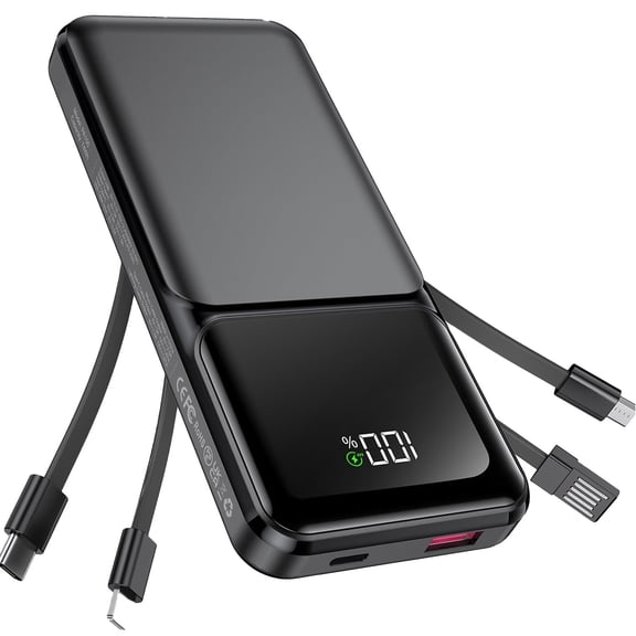 morfec Portable Charger with Built in Cables, 20000mAh Power Bank, 22.5W PD Fast Charging, 5 Outputs & 3 Inputs Travel Essential Battery Pack for iPhone Samsung
