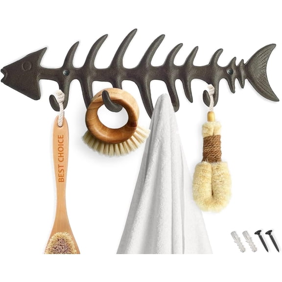 Comfify Cast Iron Wall Mounted Coat Hooks, Fish Bone Design, 4 Hooks, Brown Finish