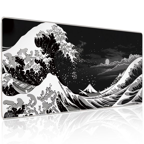 Winsing Japanese Style Line Art Desk Mat, Large Minimalist Mouse Pad with Non-Slip Base, Zen Office Desk Accessories, 35.4"x15.7", Black and White Waves.