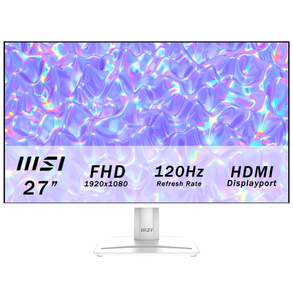 msi Pro Series 27" Monitor, 120Hz IPS FHD, 1ms, HDR Ready, Adaptive Sync, Eye Care, VESA, Anti-Glare, Low Blue Light, Built-in Speakers, DisplayPort & HDMI, Matte White