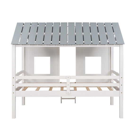 mteryoing Twin Size House Bed Frame With Roof 2 Front Windows Low Loft Platform Bed With Ladder For Teens Boys Girls Bedroom