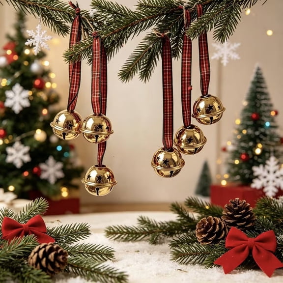 mtpzqdy 6-Piece Christmas Bell Ornament Set, Gold Jingle Bell Hanging Decor for Tree and Party, Festive Ornament