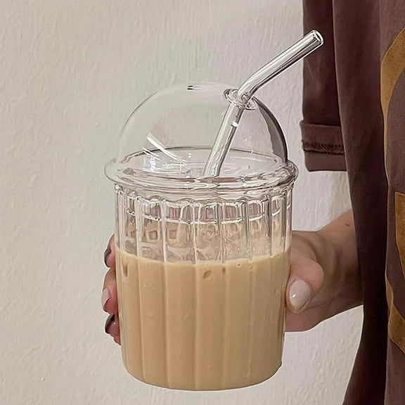 15Oz Reusable Glass Milkshake Cup with Dome Lid and Straw - Wide Mouth Iced Coffee Tumbler for Home, Office, or Bar Use