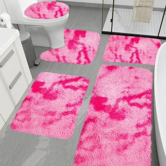 5-Piece Mixed Color Bathroom Rug Set - Soft Non-Slip Absorbent Velvet Fleece Mats for Shower, Toilet & Floor - Machine Washable (Dark Blue, Gray, Red, Pink, Brown)