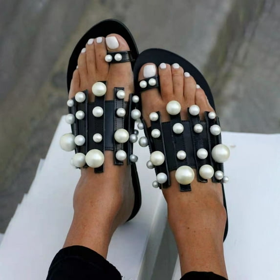 mtvxesu Cloud Slides, Womens Summer Fashion Flat Slippers Pearl Decoration Solid Color Casual Beach Slippers Sandals Women's Slide Sandals Cloud Sandals for Women