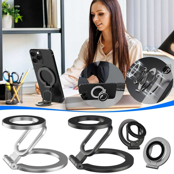 mtvxesu Double Sided Magnetic Phone Holder With Metal Ring Stand For Desk & Car, All Metal 360 Adjustable Mount For Iphone & Android, 1 Count