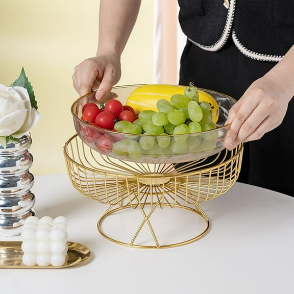 Golden Footed Fruit Bowl with Tennis Pattern - 9 Inch Metal and Plastic Pedestal Tray for Kitchen Counter, Dining Table, and Party Snacks