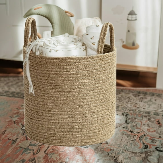 Handwoven Rope Storage Basket - Foldable Cloth Organizer for Toys, Laundry & Sundries - Brown Woven Bin with Carry Handle (Multiple Sizes)