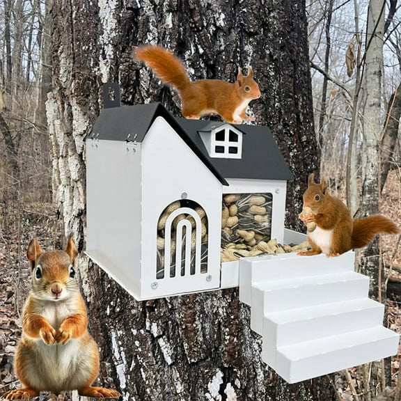 Iron Outdoor Squirrel Feeder for Garden, Patio, or Yard - Multicolor Metal Animal Feeder House with Large Food Capacity