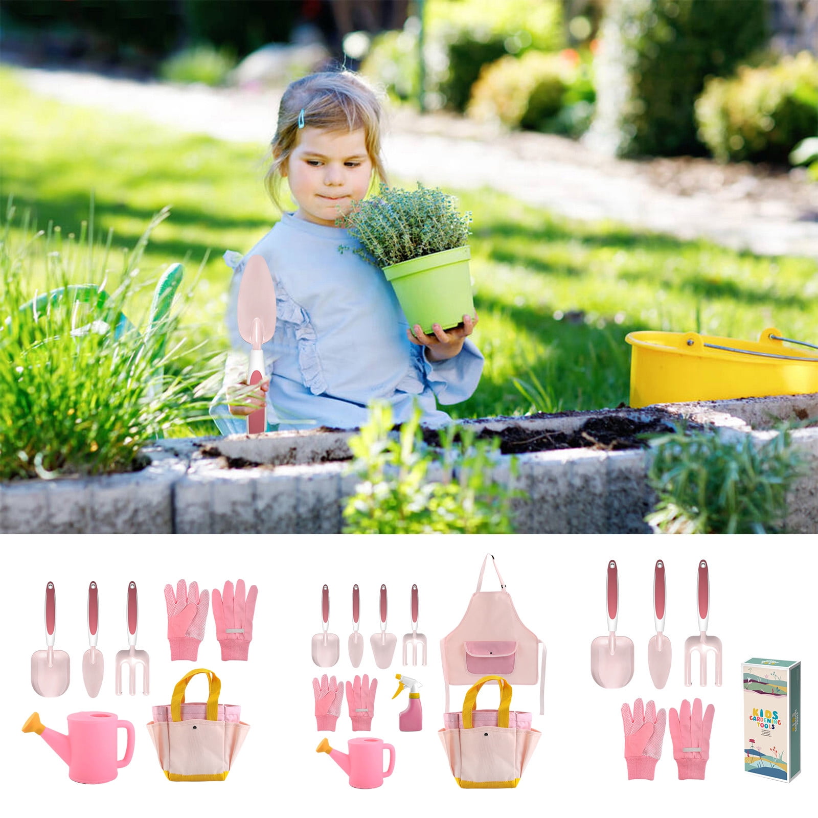 Hortem 7 PCS Kids Gardening Tools Set - Trowel, Rake, Watering Can, Apron, Gloves (Pink Flamingo)
