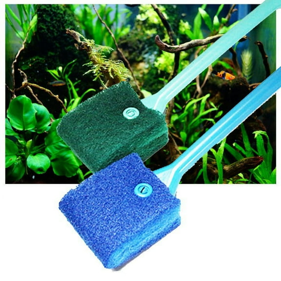 mtvxesu Long Handle Scrub Brush, Aquarium Cleaning Brush, Fish Tank Cleaner Sponge Remover, 40cm Long Handle Dual-Sided Scrubber, Green & Blue, Plastic Material, Glass & Tank Cleaning Tool, 1-Pack