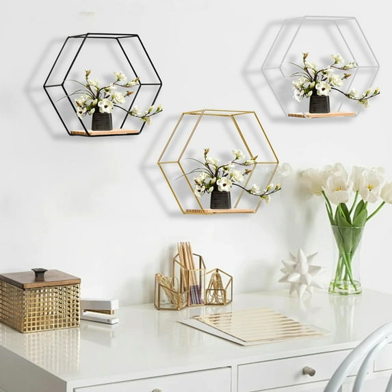 mfyjkho Modern Hexagonal Floating Shelves for Wall Mounted Shelves with Simples Wood Partition Iron Wall Decor Metal Storage Rack Gold Wall Shelf for Bedroom Office Home Decor