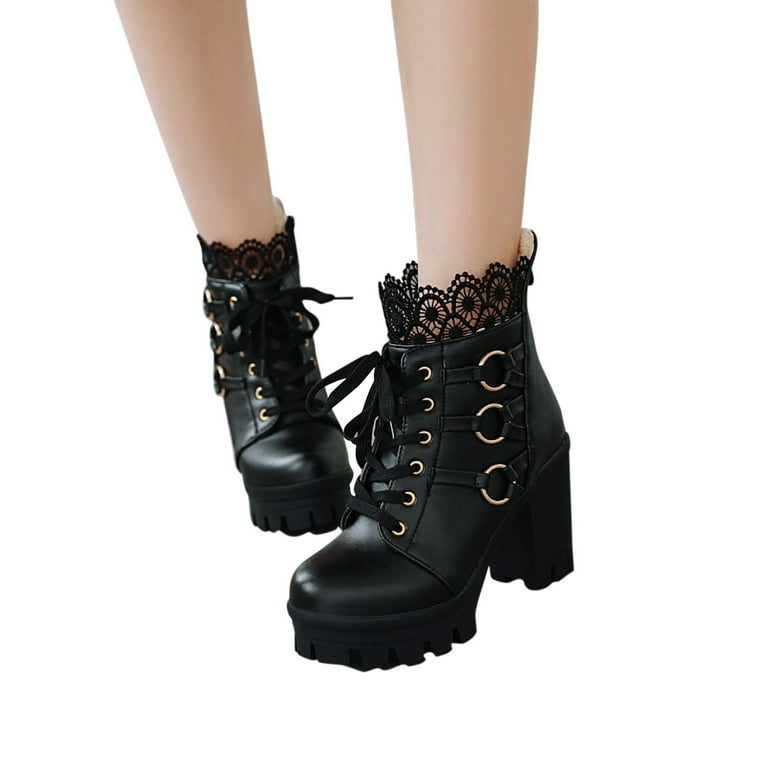 mtvxesu Savings Clearance Boots Women s Chunky Platform High Heel Boots Lace up Gothic Ankle Booties Block Heel Buckle Punk Shoes Comfy Short Booties