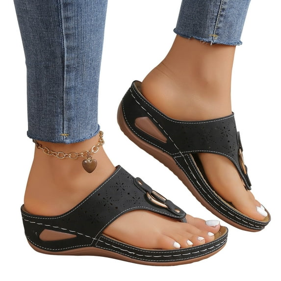 mtvxesu Slides Women, Hollow Metal Circle Thick-soled Wedge Heel Flip-flops Women Womens Slide Sandals Beach Shoes Limited Time Offer