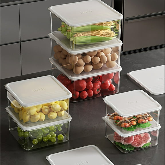 White Plastic Stackable Refrigerator Organizer with Lid, Transparent Food Storage Container for Snacks, Nuts, Kitchen & Pantry Organization
