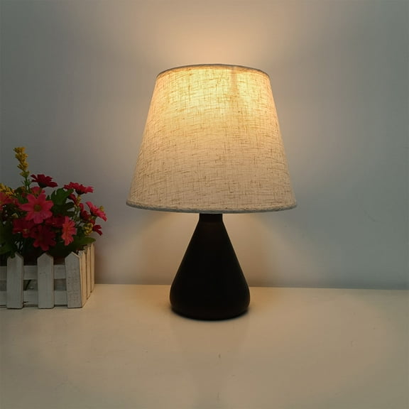 White Linen Fabric Bedside Table Lamp - Small Eye Care Night Light for Bedroom, Living Room & Office - Soft Lighting with Metal Base - 11.02" Height