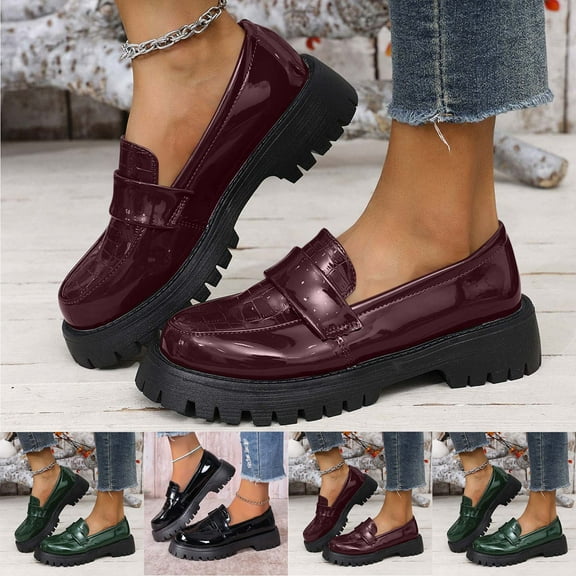 mtvxesu Women Casual Loafers Thick-Soled Leather Shoes Spring Summer College Style PU Material Mid Heel 5CM Black Rubber Sole Size 36-43