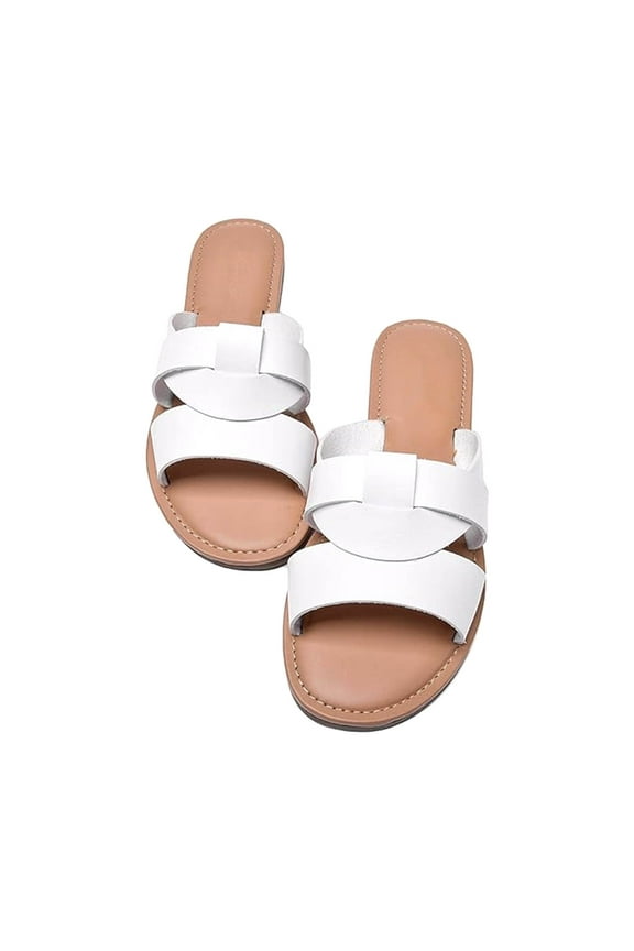 Women's Slides, Women's Flat Slides Sandals Round Open Toe Wrap Vamp Weave Strap Slippers Comfortable Casual Summer Beach Shoes Women Slide Sandals Women Beach Shoes