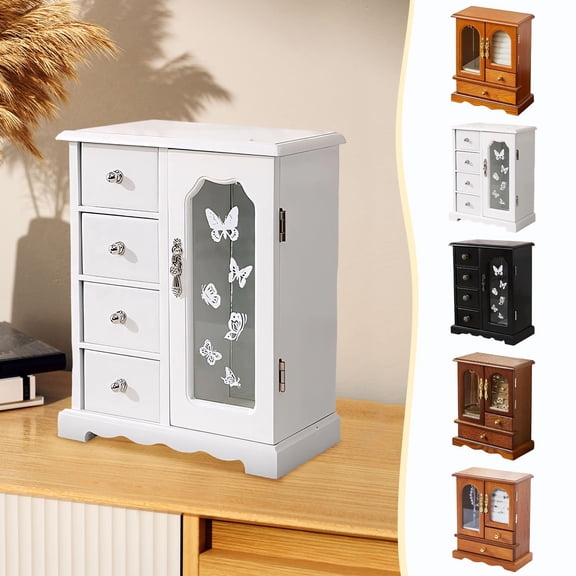 mtvxesu Wooden Jewelry Box With Mirror And Drawers For Necklaces Earrings Rings, Vintage Jewelry Organizer For Women, Graduation Gift, 8.46"L X 4.33"W X 10.31"H, 1 Piece
