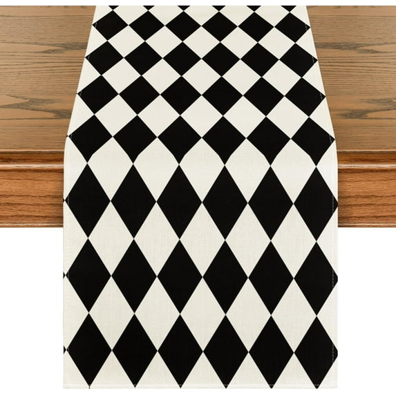 mubwai Black Beige Diamond Plaid Table Runner, Seasonal Halloween Party Kitchen Dining Table Decoration for Home Party Decor 13x72 Inch
