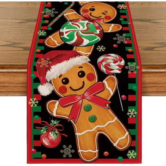 mubwai Black Gingerbread Candy Cane Christmas Table Runner, Seasonal Winter Kitchen Dining Table Decoration for Home Party Decor 13x72 Inch