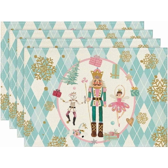 mubwai Blue Diamond Plaid Nutcracker Christmas Placemats Set of 4, 12x18 Inch Seasonal Winter Table Mats for Party Kitchen Dining Decoration