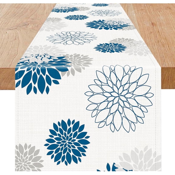 mubwai Blue Gray Table Runner 13x90 inches Long Dahlia Pinnata Flower Pattern Spring Summer Seasonal Kitchen Dining Table Decoration for Indoor Outdoor Home Party Decor (13 x 90 inch)