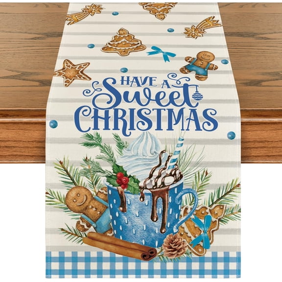mubwai Blue Sea Salt Hot Cocoa Gingerbread Sweet Christmas Table Runner, Seasonal Winter Kitchen Dining Table Decoration for Home Party Indoor 13x72 Inch