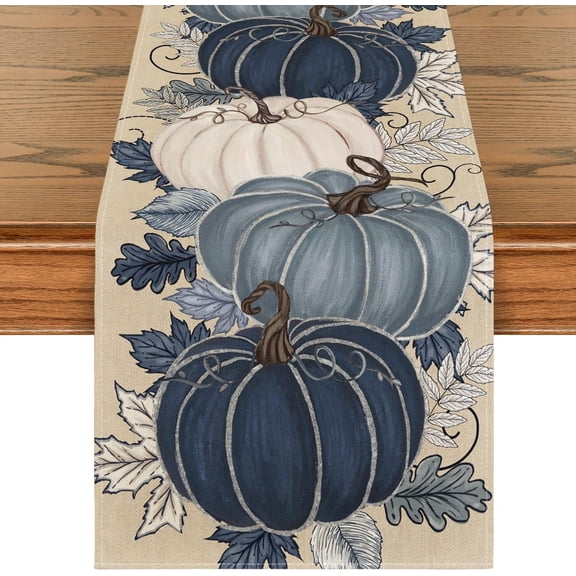 mubwai Blue and White Porcelain Pumpkin Ink 210 GSM Fall Table Runner, Seasonal Autumn Kitchen Dining Table Decoration for Home Party Decor 13x72 Inch
