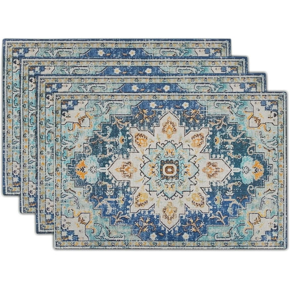 mubwai Boho Placemats Set of 4 12x18 Inch Light Blue Aqua Teal Yellow Carpet Pattern Ethnic Floral Print Table Mats Farmhouse Decorative Linen Washable Place for Holiday Party Kitchen Dining Decor