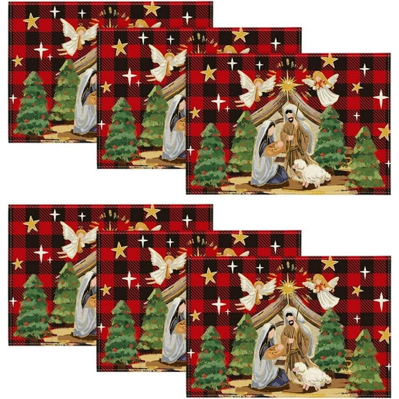 mubwai Buffalo Plaid Kogiya Shepherd Christmas Placemats Set of 6, 12x18 Inch Winter O Holy Night Xmas Table Mats for Party Kitchen Dining Decoration