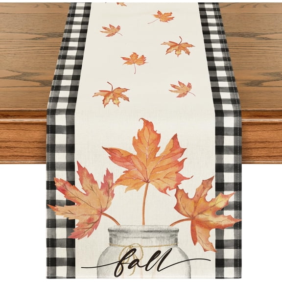 mubwai Buffalo Plaid Maple Leaves Fall Table Runner, Seasonal Autumn Vase Kitchen Dining Table Decoration for Home Party Decor 13x36 Inch