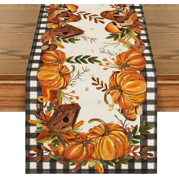 mubwai Buffalo Plaid Pumpkins Mushrooms Birdhouse Leaves Table Runner, Seasonal Fall Harvest Vintage Kitchen Dining Table Decoration for Indoor Outdoor Home Party Decor 13 x 72 Inch