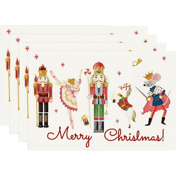 mubwai Christmas Nutcracker Placemats Set of 4, 12x18 Inch Merry Christmas Nutcracker Kitchen Dinning Table Mats Washable Place Mats for Indoor Outdoor Home Party Décor