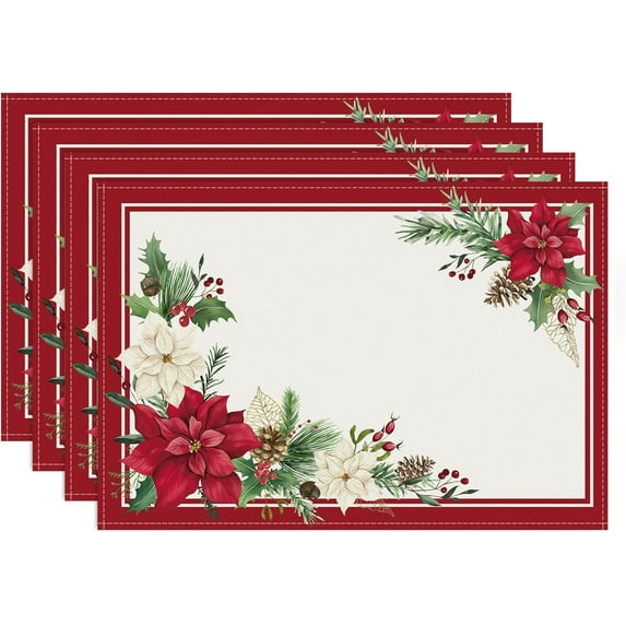mubwai Christmas Poinsettia Placemats Set of 4, 12x18 Inch Winter Holiday Kitchen Dinning Table Mats Washable Place Mats for Indoor Outdoor Home Party Décor