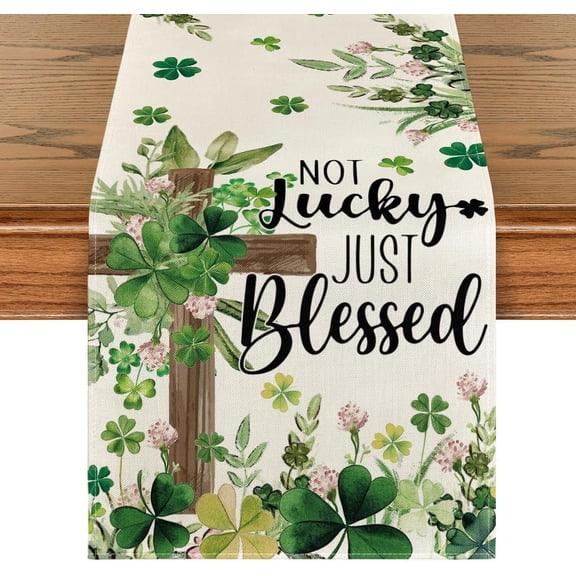 mubwai Cross Clover Shamrocks St. Patrick''s Day Table Runner, Not Lucky Just Blessed Kitchen Dining Table Decoration Home Party Decor 13x120 Inch